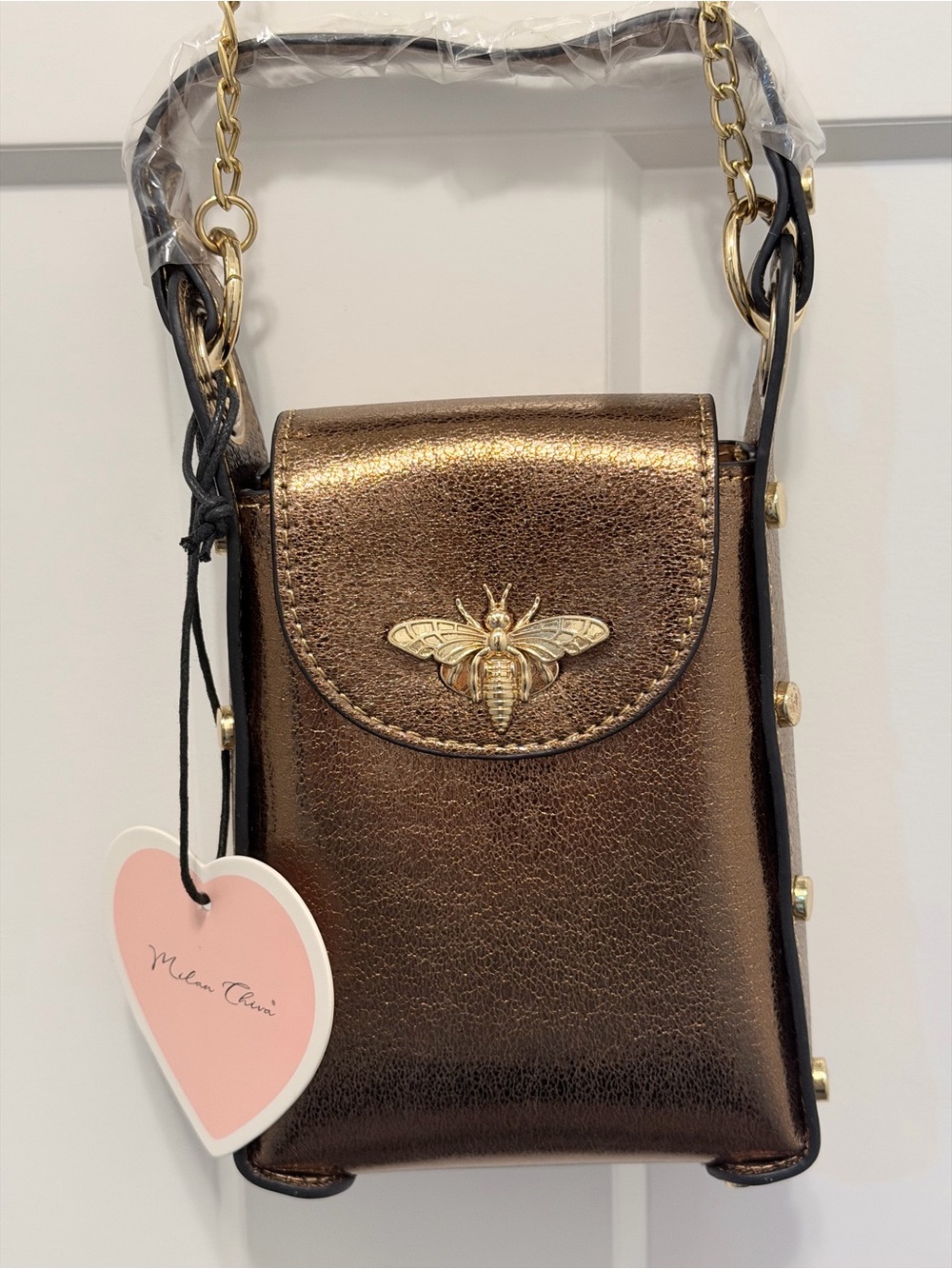 Milan Chiva Crossbody Bee Cell Phone Purse, metallic bronze faux leather finish